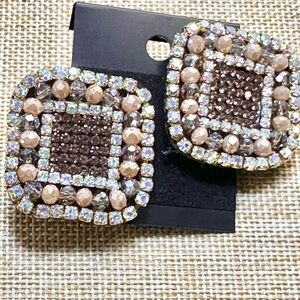 Handmade Elegant Brown and Gold Beaded Square Stud Earrings